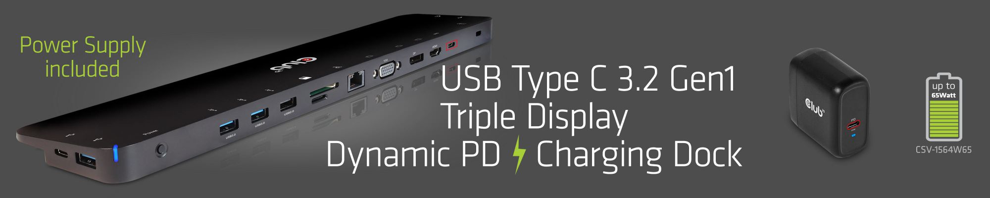 USB Gen1 Type-C Triple Display Dynamic PD Charging Dock with 65 Watt PS