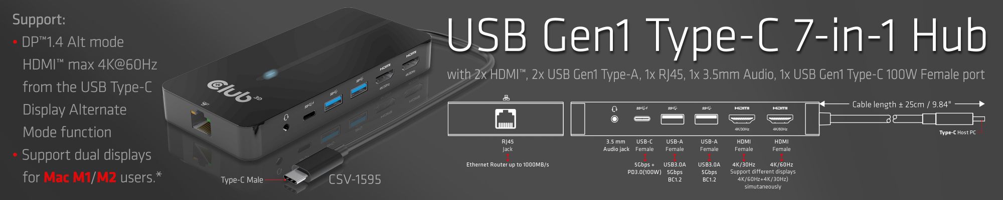 USB Gen1 Type-C 7-in-1 hub with 2x HDMI, 2x USB Gen1 Type-A, 1x RJ45, 1x 3.5mm Audio, 1x USB Gen1 Type-C 100W Female port