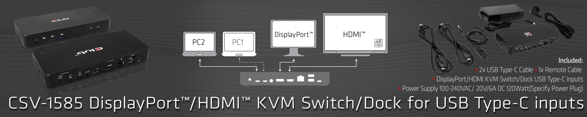 DisplayPort/HDMI KVM Switch/Dock 4K60Hz For USB Type-C inputs