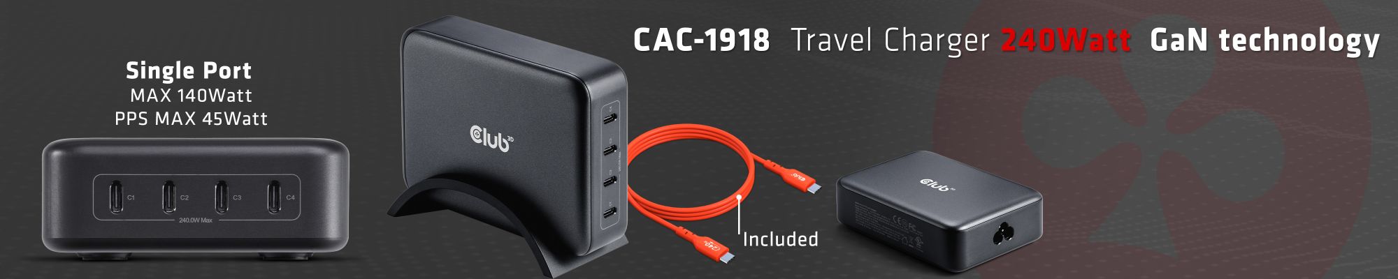 Travel Charger 240 Watt GaN technology, Four port USB Type-C, Power Delivery(PD) 3.1 and PPS Support