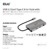 USB 3.2 Gen1 Typ-C 8-in-1 Hub mit 2x HDMI, 2x USB-A, RJ45, SD/Micro SD Kartenslots und USB Typ-C Buchse