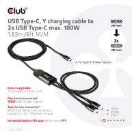 USB Type-C, cable de carga Y a 2x USB Type-C máx. 100 W, 1,83 m / 6 pies M / M