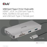 Concentrador 9 en 1 USB Gen1 Tipo-C con HDMI, VGA, 2x USB Gen1 Type-A, RJ45, ranuras para tarjetas SD / Micro SD y puerto USB Gen1 Tipo-C hembra