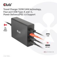Travel Charger 132W GAN technology, Four port USB Type-A and -C, Power Delivery(PD) 3.0 Support
