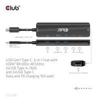 USB Gen1 Type-C 6-in-1 Hub with HDMI 8K30Hz-4K120Hz, 2xUSB Type-A, RJ45 and 2xUSB Type-C, Data and PD charging 100 watt