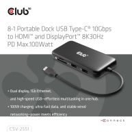 8-1 Portable Dock USB Type-C® 10Gbps to HDMI™ and DisplayPort™ 8K30Hz PD Max.100Watt