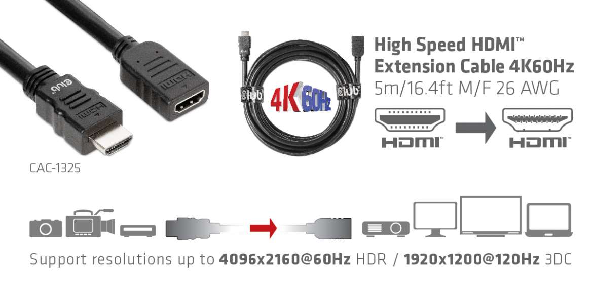 CAC-1325 Cable de extensión HDMI™ de alta velocidad 4K60Hz 26AWG  M/H 5m/16.4ft