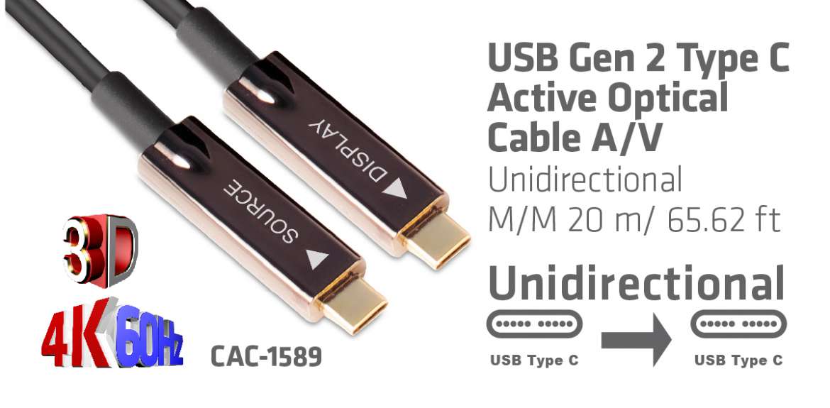 CAC-1589 USB Gen 2 Tipo C Cable Óptico activo A / V Unidireccional M/M 20 m / 65.62 pies